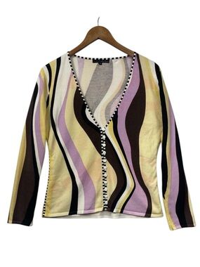 Pierri NY Swirl Cardigan Wavy Stripe Knit Sweater Multicolor Yellow Y2K Abstract